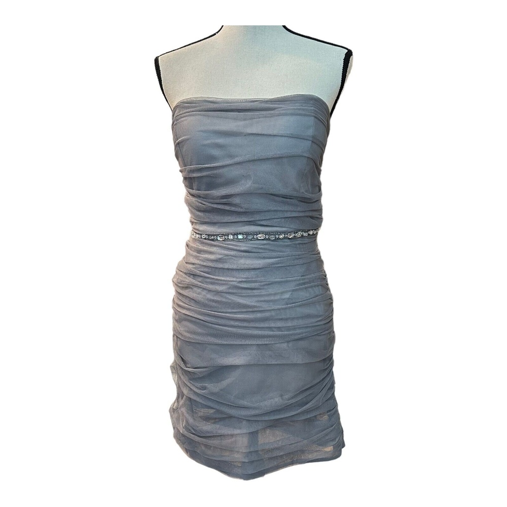 Alexia Admor Womens Strapless Sheath Dress Gray Ruched Mini Rhinestones Solid L